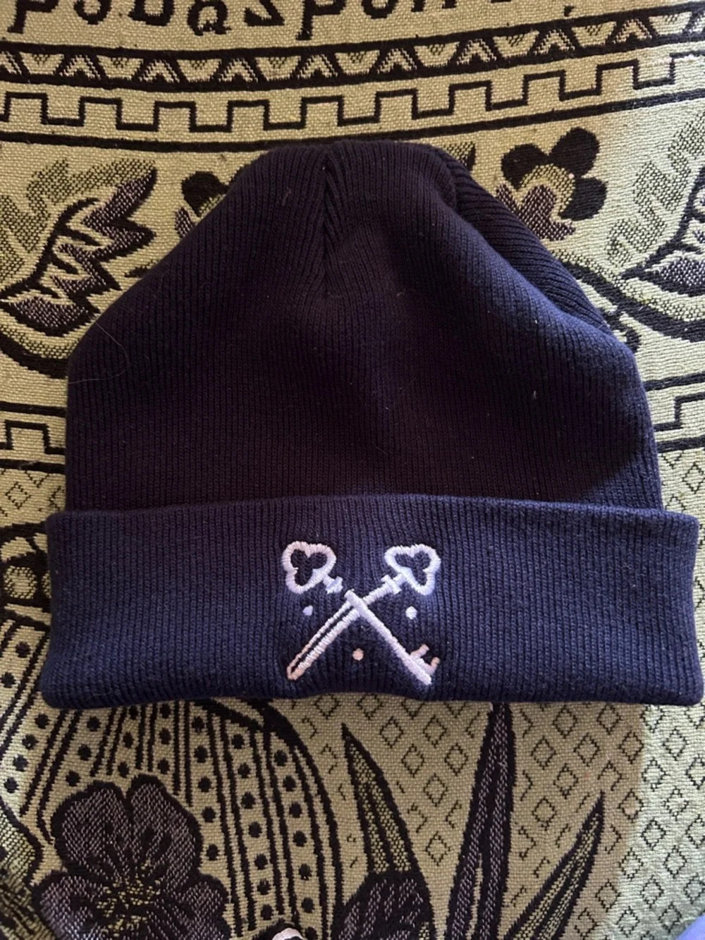 Kids Navy Knit Beanie with Crossed Key Embroidery